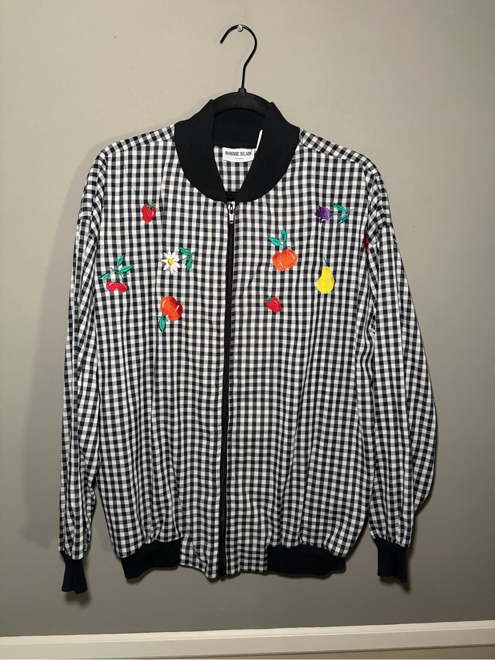 Vintage Bonnie Blain Gingham Fruit Embroidered Bomber Jacket Medium Cotton